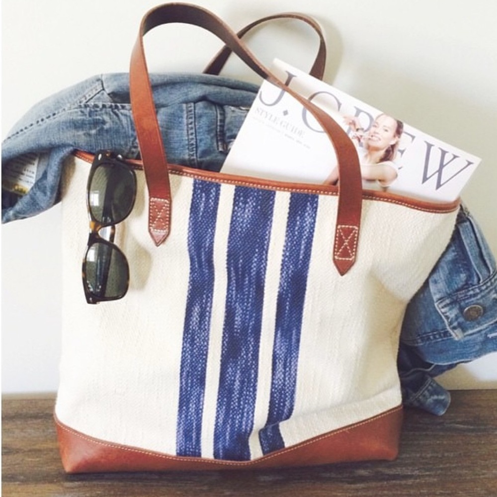 Madewell Woven Cream Striped Tote Bag with Leather Straps